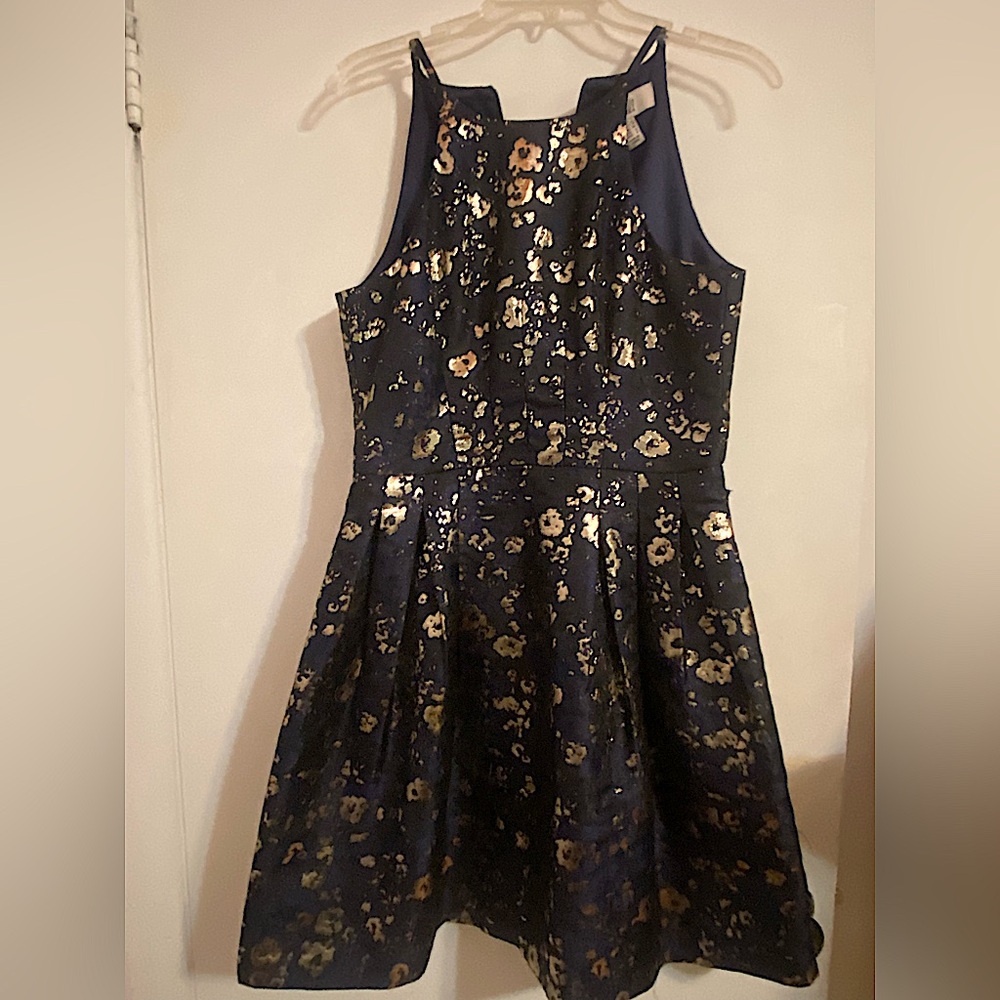 Cocktail dress- Navy blue- black/ silver metallic pattern. Bella Badgley Mischka